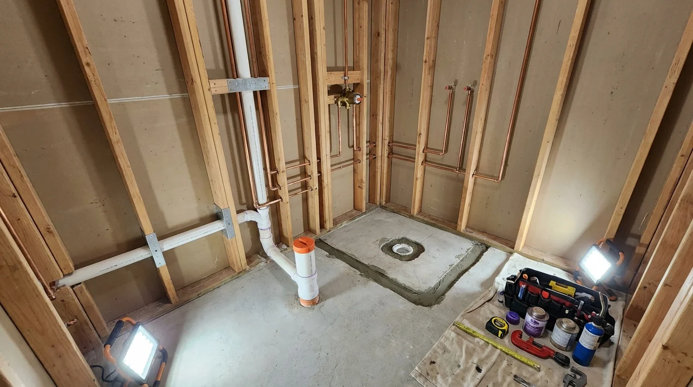Bathroom rough-in plumbing during remodel by Johns Plumbing LLC in Scottdale