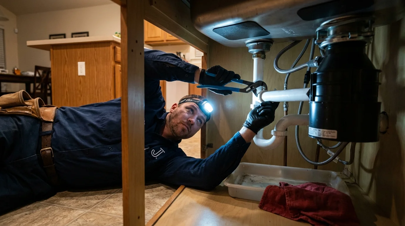 P-trap and supply line connections under a kitchen sink showing a common leak point in Scottdale, PA